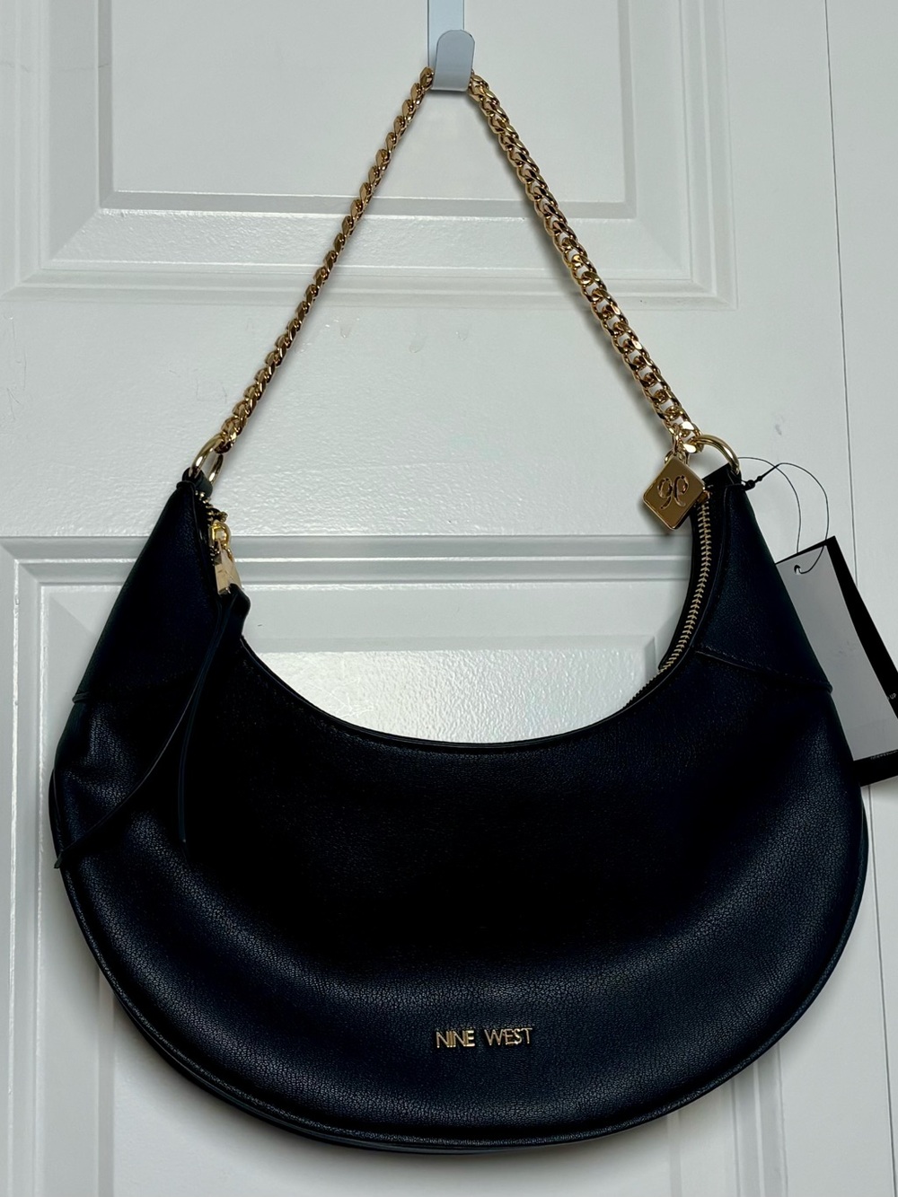 Nine West Black Crescent Shoulder Bag with Gold Chain Strap